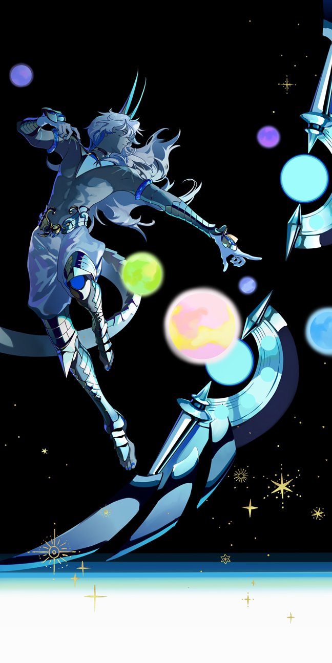 1boy, abs, arjuna_(fate), arjuna_alter_(fate), arjuna_alter_(first_ascension)_(fate), black_background, closed_mouth, dark-skinned_male, dark_skin, fate/grand_order, fate_(series), fighting_stance, full_body, highres, horns, l_asakura, leg_armor, long_hair, looking_away, male_focus, pants, pointing, profile, solo, tail, topless_male, vambraces, white_hair, white_pants, wings