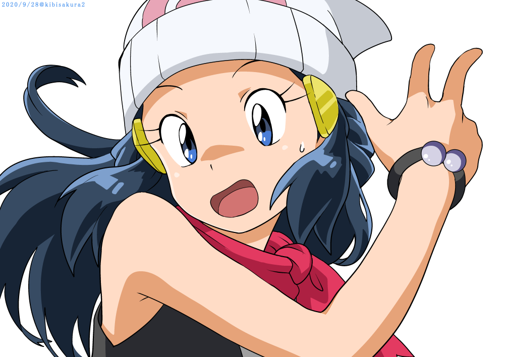 1girl, artist_name, beanie, black_hair, blue_eyes, bracelet, commentary_request, dated