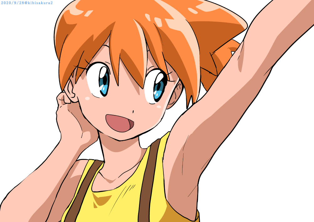 1girl, arm_up, armpits, artist_name, blue_eyes, collarbone, commentary_request, dated, eyelashes, hair_between_eyes, hand_up, kibisakura2, looking_to_the_side, misty_(pokemon), nintendo, open_mouth, orange_hair, pokemon, pokemon_(anime), pokemon_(classic_anime), simple_background, smile, solo, suspenders, tank_top, tongue, white_background, yellow_tank_top