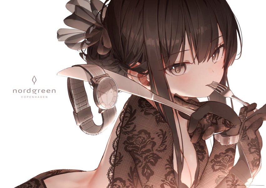 1girl, black_hair, breasts, cleavage, copyright_name, english_text, fork, gloves, hands_up, knife, lace, long_hair, long_sleeves, nordgreen, original, ryota_(ry_o_ta), simple_background, solo, upper_body, utensil_in_mouth, watch, white_background, wristwatch