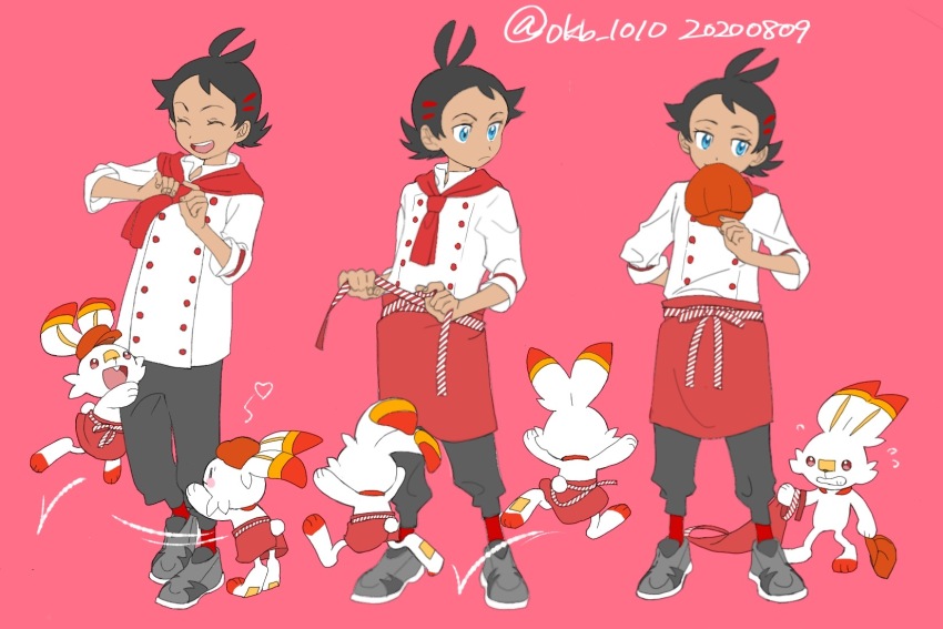 1boy, antenna_hair, arms_behind_back, black_footwear, black_hair, black_pants, blue_eyes, chef