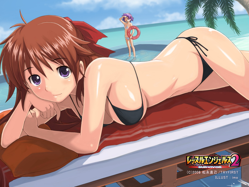 00s, 2008, 2girls, bikini, bow, breasts, brown_hair, cleavage