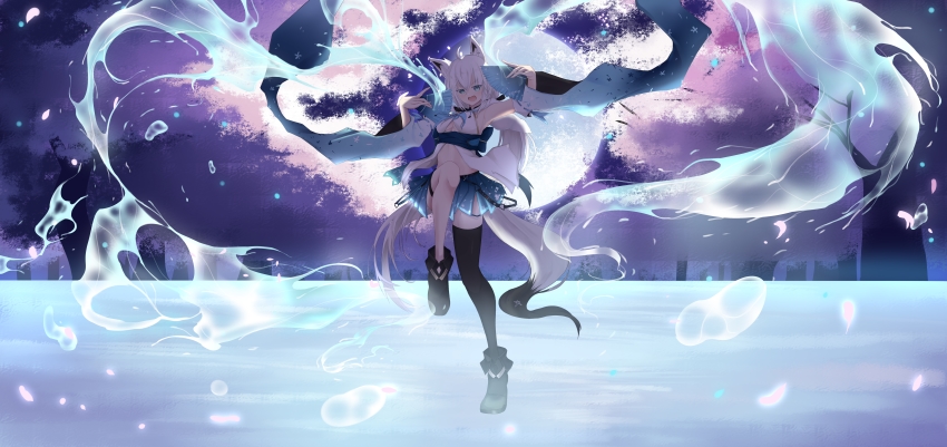 1girl, absurdres, ahoge, animal_ears, armpits, blue_neckerchief, blue_skirt, cherry_blossoms