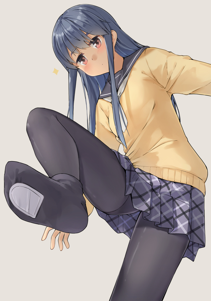 1girl, black_pantyhose, black_sailor_collar, blue_hair, blue_skirt, blush, closed_mouth, commentary_request