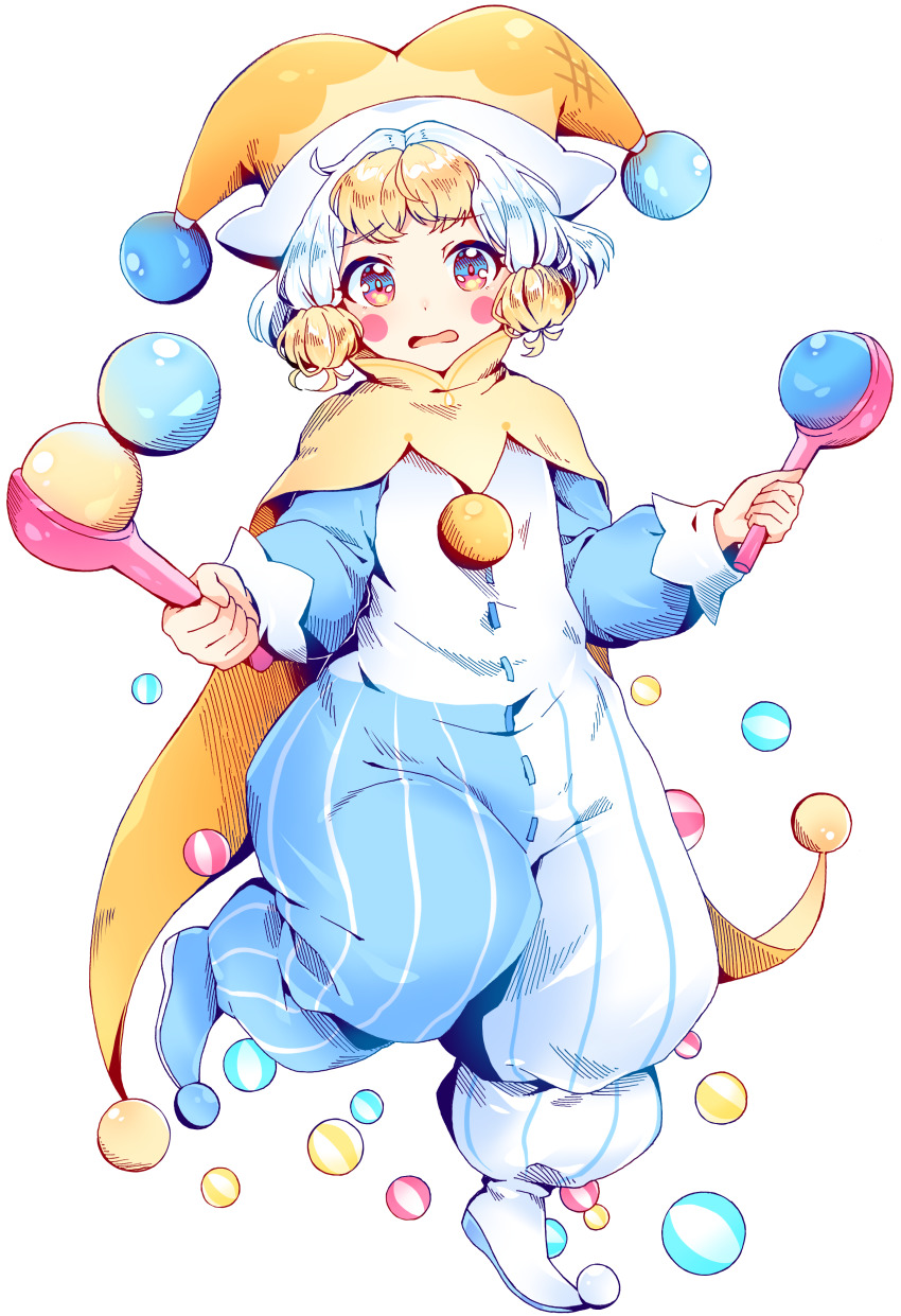1girl, absurdres, asymmetrical_footwear, baggy_clothes, blonde_hair, blue_shoes, blush, blush_stickers, commentary, cookie_run, english_commentary, full_body, hat, highres, holding, ice_juggler_cookie, jester, jester_cap, juggling, kaoling, long_sleeves, looking_at_viewer, mismatched_footwear, multicolored_hair, open_mouth, puffy_long_sleeves, puffy_sleeves, red_eyes, shoes, silver_hair, simple_background, solo, standing, standing_on_one_leg, two-tone_hair, white_background, white_shoes
