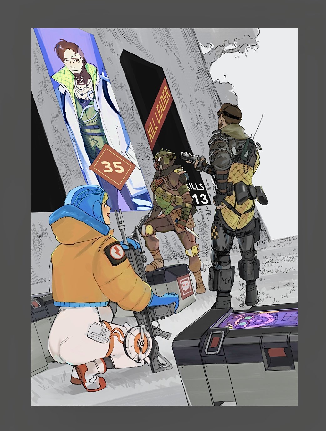 1girl, 1other, 2boys, ambiguous_gender, apex_legends, ass, b3_wingman, blonde_hair, bloodhound_(apex_legends), blue_eyes, blush, bodysuit, box, brown_hair, clenched_hand, crypto_(apex_legends), cyborg, goggles, grey_jacket, gun, handgun, hands_in_pockets, highres, hillprime, holding, holding_gun, holding_knife, holding_weapon, hood, hooded_jacket, jacket, knife, looking_up, mirage_(apex_legends), multiple_boys, open_mouth, orange_jacket, r-99_smg, revolver, science_fiction, squatting, submachine_gun, wattson_(apex_legends), weapon, white_bodysuit