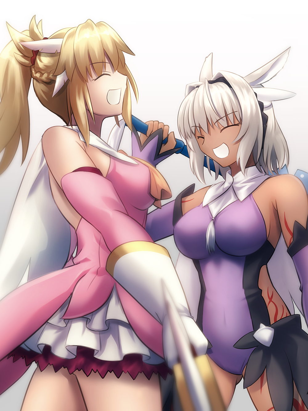 2girls, ^_^, animal_ears, ascot, bare_shoulders, blonde_hair, braid, breasts