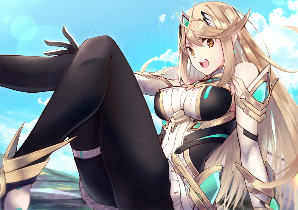 1girl, armor, bare_shoulders, black_pantyhose, blonde_hair, breasts, chest_jewel, dress