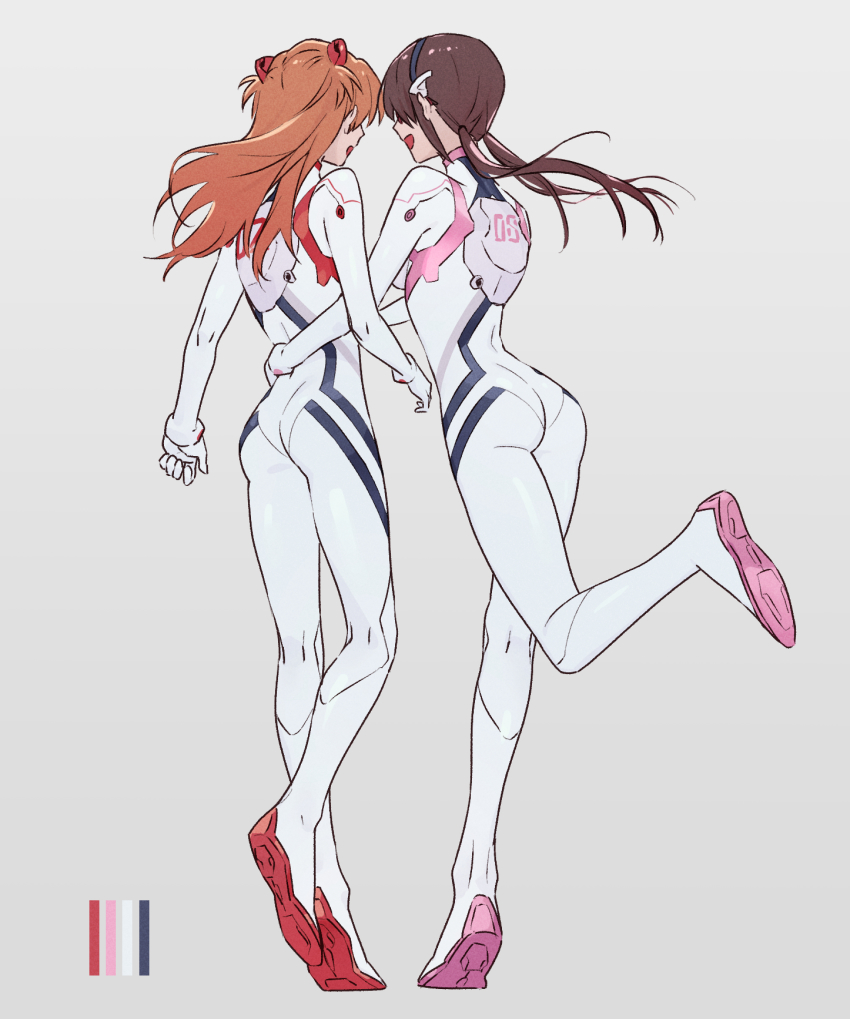 2girls, ass, beige_background, bodysuit, breasts, brown_hair, color_guide, commentary_request