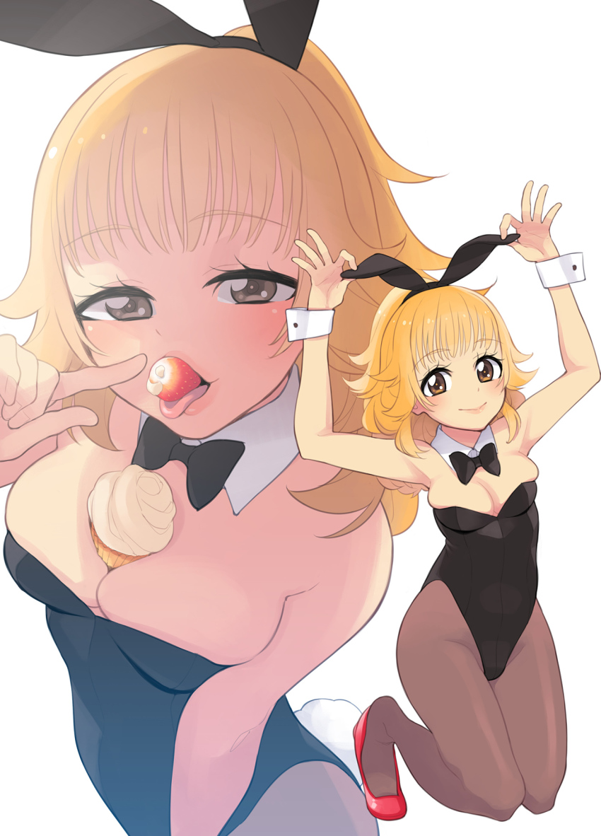 1girl, animal_ears, armpits, arms_up, bare_shoulders, black_hairband, black_leotard, black_pantyhose, blonde_hair, breasts, brown_eyes, cleavage, close-up, collarbone, detached_collar, fake_animal_ears, fake_tail, food, food_between_breasts, food_in_mouth, from_above, fruit, full_body, hairband, higashiyama_seika, highleg, highleg_leotard, highres, ice_cream, ice_cream_cone, index_finger_raised, kneeling, leotard, lips, long_hair, looking_at_viewer, medium_breasts, multiple_views, pantyhose, pink_lips, playboy_bunny, pointing, pointing_at_self, precure, rabbit_ears, rabbit_tail, red_footwear, sexually_suggestive, shoes, simple_background, smile, strapless, strapless_leotard, strawberry, suite_precure, tail, tongue, tongue_out, ukokkei, upper_body, wavy_hair, white_background, wrist_cuffs, zoom_layer