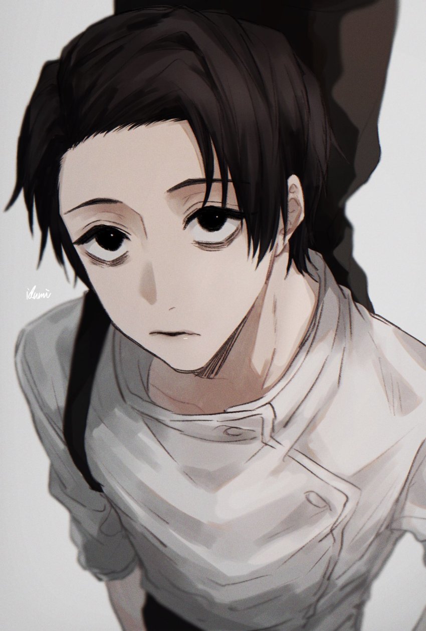 1boy, baggy_clothes, bags_under_eyes, black_eyes, black_hair, black_pants, expressionless, highres