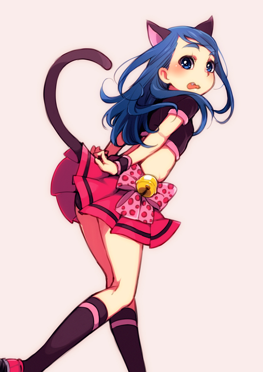 1girl, animal_ears, arms_behind_back, ass, bell, black_panties, black_shirt, black_socks, blue_eyes, blue_hair, bow, cat_ears, cat_tail, commentary, cowboy_shot, crop_top, floating_hair, from_side, highres, jingle_bell, leaning_forward, long_hair, looking_at_viewer, looking_back, minazuki_karen, open_mouth, panther_pink_(precure), panties, pantyshot, pink_bow, pink_shoes, pink_skirt, polka_dot, polka_dot_bow, precure, shiny_skin, shirt, shoes, short_sleeves, single_stripe, skirt, sneakers, socks, solo, striped_clothes, striped_socks, surprised, tail, thick_eyebrows, ukokkei, underwear, walking, wavy_mouth, yes!_precure_5