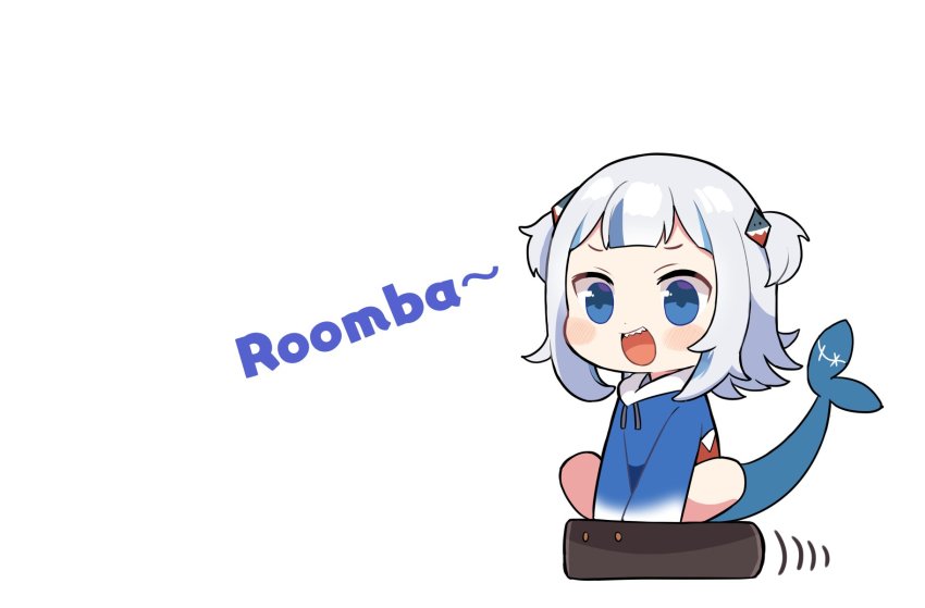 1girl, blue_eyes, blue_hair, blue_hoodie, blush, blush_stickers, chibi, commentary, english_commentary, english_text, fins, fish_tail, full_body, gawr_gura, highres, hololive, hololive_english, hood, hoodie, looking_at_viewer, medium_hair, motion_lines, multicolored_hair, open_mouth, robotic_vacuum_cleaner, shark_tail, sharp_teeth, short_twintails, silver_hair, simple_background, smile, solo, streaked_hair, tail, teeth, totora, twintails, two-tone_hair, two_side_up, virtual_youtuber, white_background