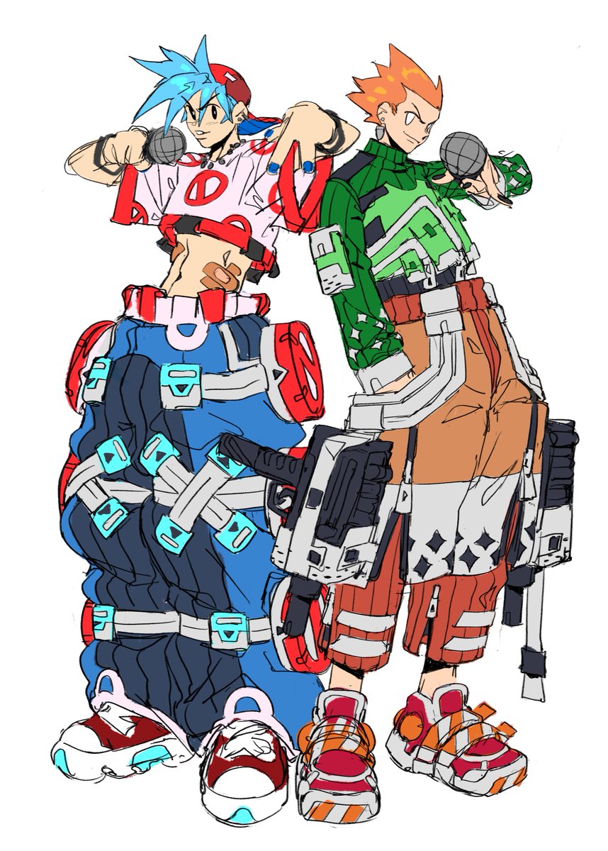 2boys, black_eyes, blue_hair, blue_nails, blue_pants, boyfriend_(friday_night_funkin'), cropped_shirt, friday_night_funkin'