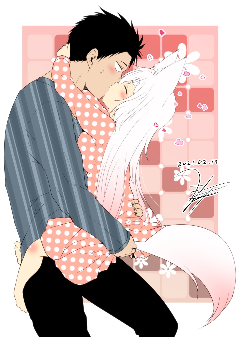 1boy, 1girl, animal_ears, ass_grab, black_hair, black_pants, blush, breast_press, breasts, closed_eyes, couple, dated, fox_ears, fox_girl, fox_tail, gradient_hair, heart, hetero, highres, hug, kiss, kohaku_(yua), large_breasts, leg_lock, lifting_person, multicolored_hair, original, pajamas, pants, pink_hair, polka_dot, polka_dot_pajamas, sagara_kazuto, shirt, signature, size_difference, striped_clothes, striped_shirt, sweatdrop, tail, thick_eyebrows, unmoving_pattern, white_hair, yua_(checkmate)