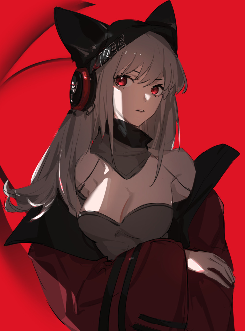 1girl, animal_ears, aonogura, arknights, black_hat, breasts, cleavage, closed_mouth