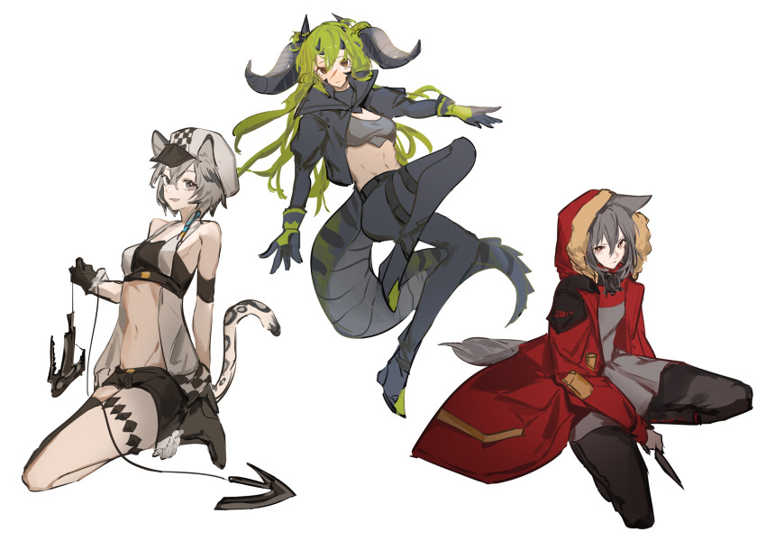 3girls, animal_ears, aonogura, arknights, bandeau, black_bandeau, black_footwear, black_gloves