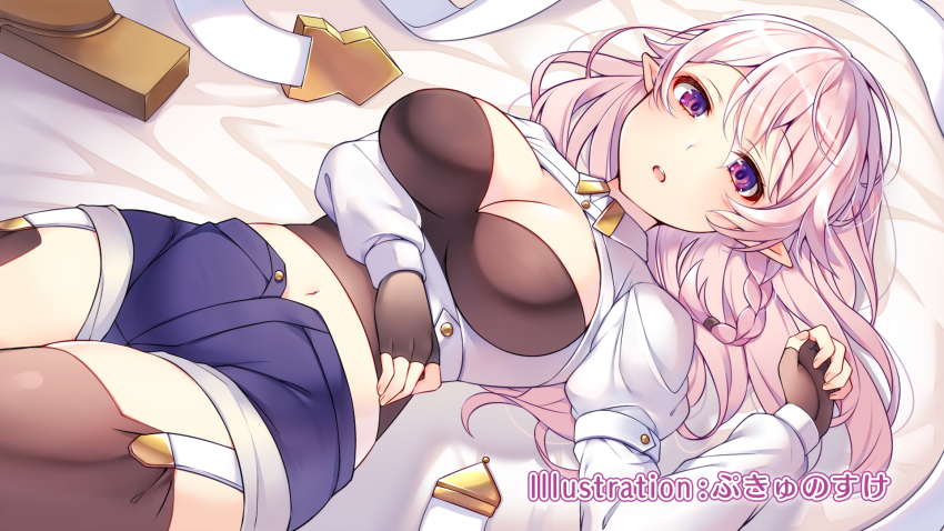 1girl, bed_sheet, black_gloves, black_shirt, blue_shorts, braid, breasts, brown_thighhighs, center_opening, cleavage, crop_top, cropped_jacket, end_card, fingerless_gloves, framed_breasts, garter_straps, gloves, hand_up, highres, jacket, large_breasts, long_hair, long_sleeves, looking_at_viewer, luna_(ore_dake_haireru_kakushi_dungeon), lying, midriff, navel, official_art, on_back, open_fly, open_mouth, ore_dake_haireru_kakushi_dungeon, pointy_ears, purple_eyes, ringozaka_mariko, shirt, short_shorts, shorts, solo, thighhighs, undershirt, white_hair, white_jacket
