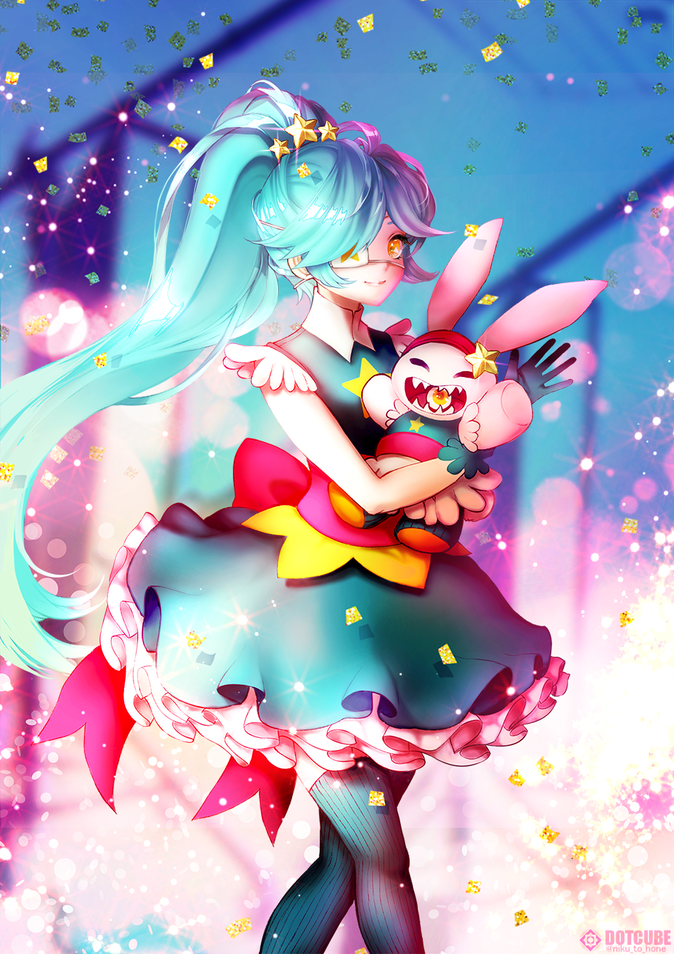 1girl, annie_(skullgirls), blue_background, carrying, confetti, dotcube, dress, frilled_dress, frilled_skirt, frills, gloves, gradient_background, green_hair, hair_ornament, high_collar, highres, holding, long_hair, looking_at_viewer, pink_background, ponytail, ribbon, sagan_(skullgirls), skirt, skullgirls, smile, socks, solo, star_(symbol), star_hair_ornament, stuffed_animal, stuffed_rabbit, stuffed_toy, thighhighs, waving, yellow_eyes