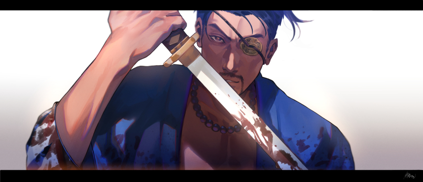 1boy, artist_name, black_hair, blood, bloody_weapon, eyebrows, eyepatch, facial_hair