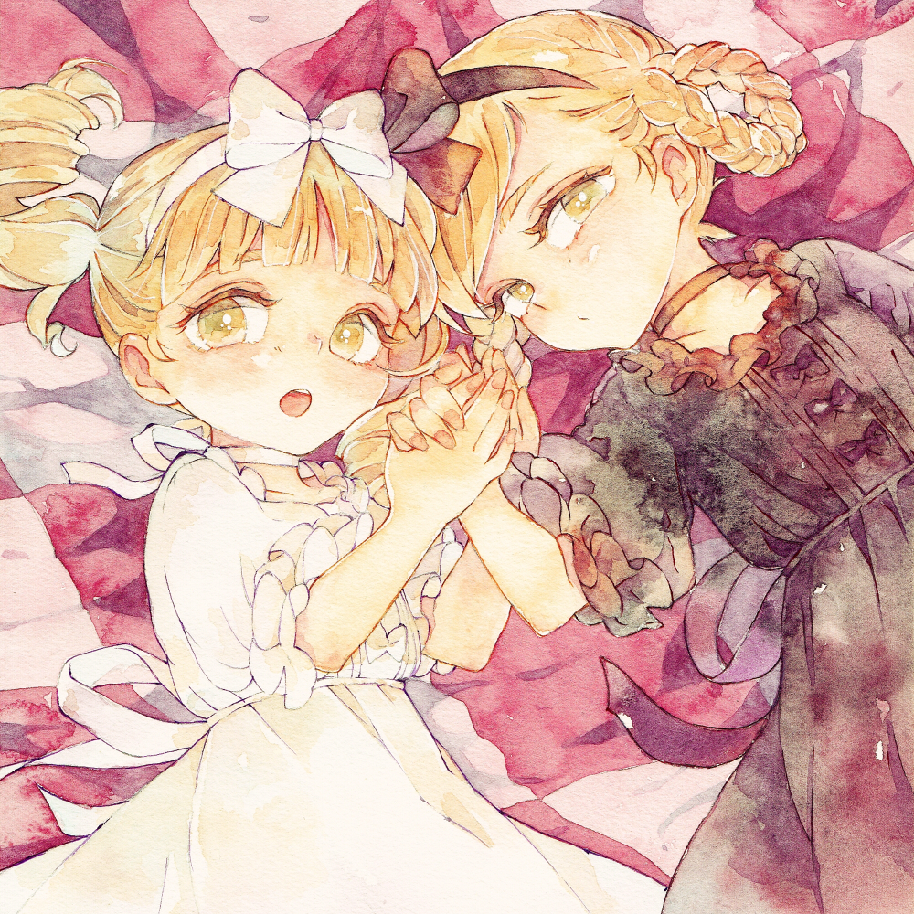 2girls, bad_id, bad_pixiv_id, blonde_hair, bow, bow_hairband, braid, choker