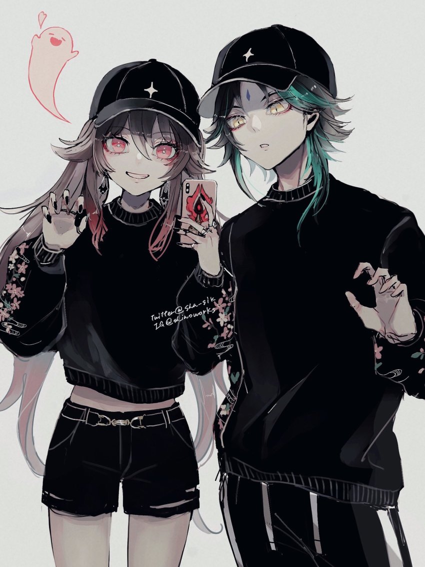 1boy, 1girl, alternate_costume, baseball_cap, black_hair, black_headwear, black_nails, black_shorts