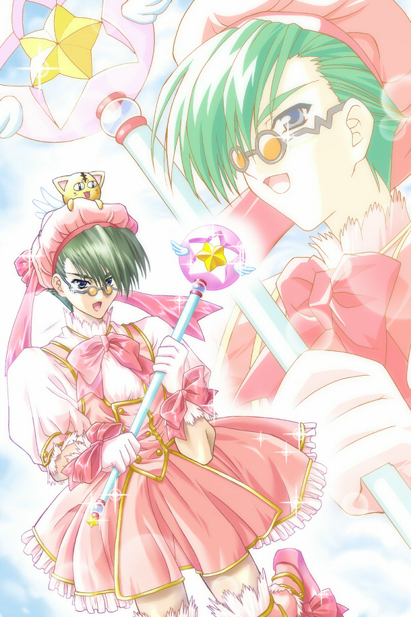 1boy, blue_eyes, bow, card_master_peach, card_master_peach_(cosplay), cat, character_request, comic_party