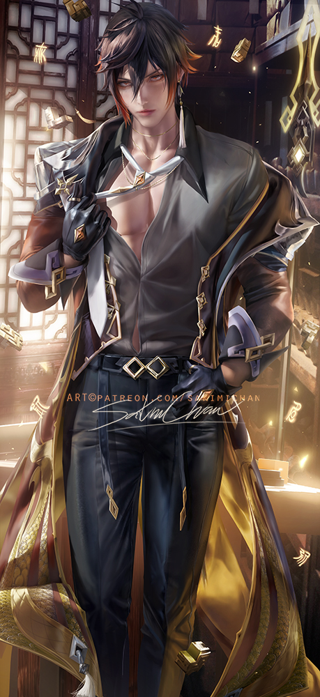 1boy, belt, black_gloves, black_hair, closed_mouth, collared_shirt, door, earrings