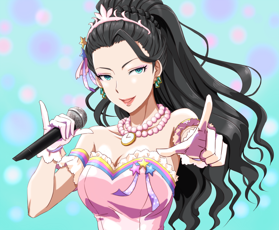 1girl, anbj, aqua_background, bead_necklace, beads, black_hair, braid, breasts, cinderella_dream_(idolmaster), cleavage, dress, earrings, executive_mishiro, gloves, green_eyes, hair_pulled_back, idolmaster, idolmaster_cinderella_girls, jewelry, large_breasts, long_hair, microphone, necklace, open_mouth, pink_dress, pinky_out, pointing, red_lips, smile, solo, star_(symbol), tiara, upper_body, wavy_hair, white_gloves