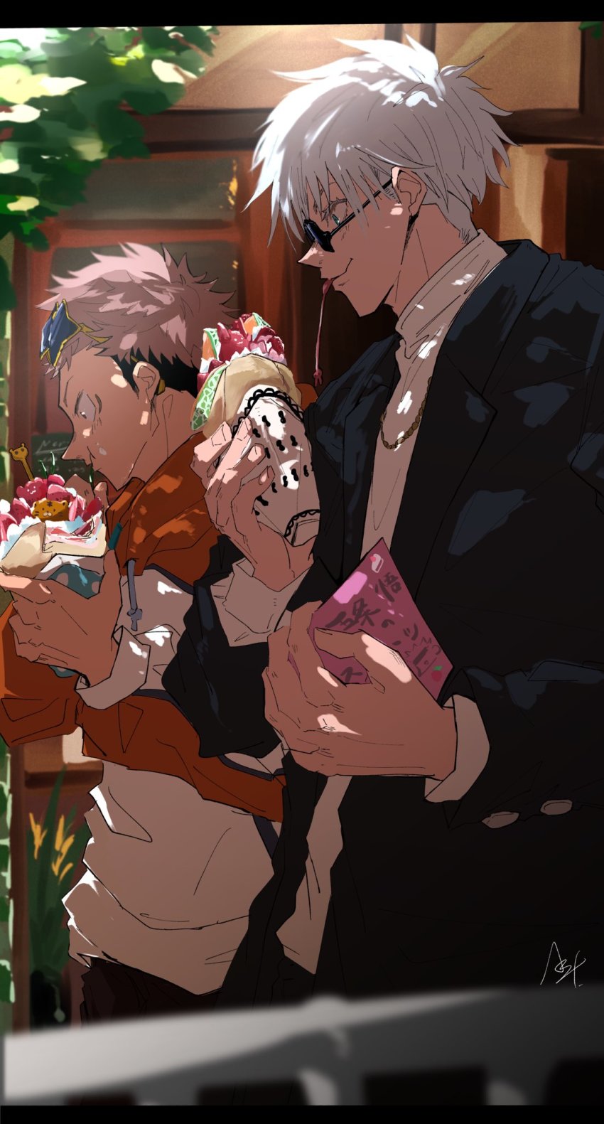 2boys, black_hair, black_jacket, blue_eyes, brown_hair, closed_mouth, cowboy_shot, crepe, eyewear_on_head, facial_mark, food, gojo_satoru, highres, holding, holding_crepe, holding_food, itadori_yuji, jacket, jujutsu_kaisen, kazzha, long_sleeves, male_focus, multicolored_jacket, multiple_boys, orange_jacket, profile, round_eyewear, shirt, short_hair, smile, standing, sunglasses, two-tone_jacket, undercut, white_hair, white_jacket, white_shirt