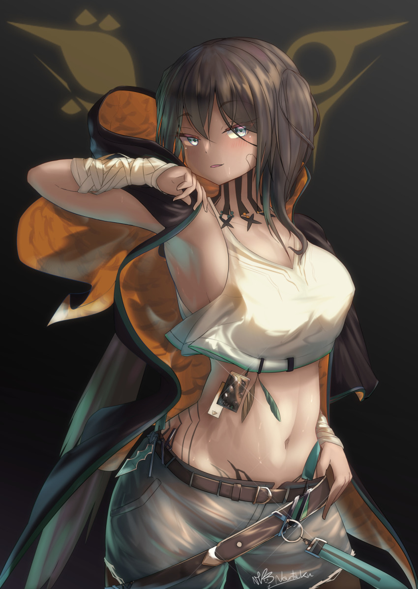 1girl, arknights, armpits, bandages, belt, black_background, black_hair, blue_eyes, bodypaint, breasts, commentary_request, cowboy_shot, crop_top, flint_(arknights), gradient_background, highres, long_hair, looking_at_viewer, medium_breasts, midriff, navel, ntk_nartaku, partial_commentary, sargon_logo, solo, standing, stomach, tank_top, white_tank_top, wrist_wrap