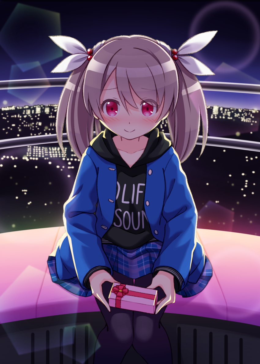 1girl, black_hoodie, black_pantyhose, blue_jacket, blue_skirt, blush, box, brown_hair