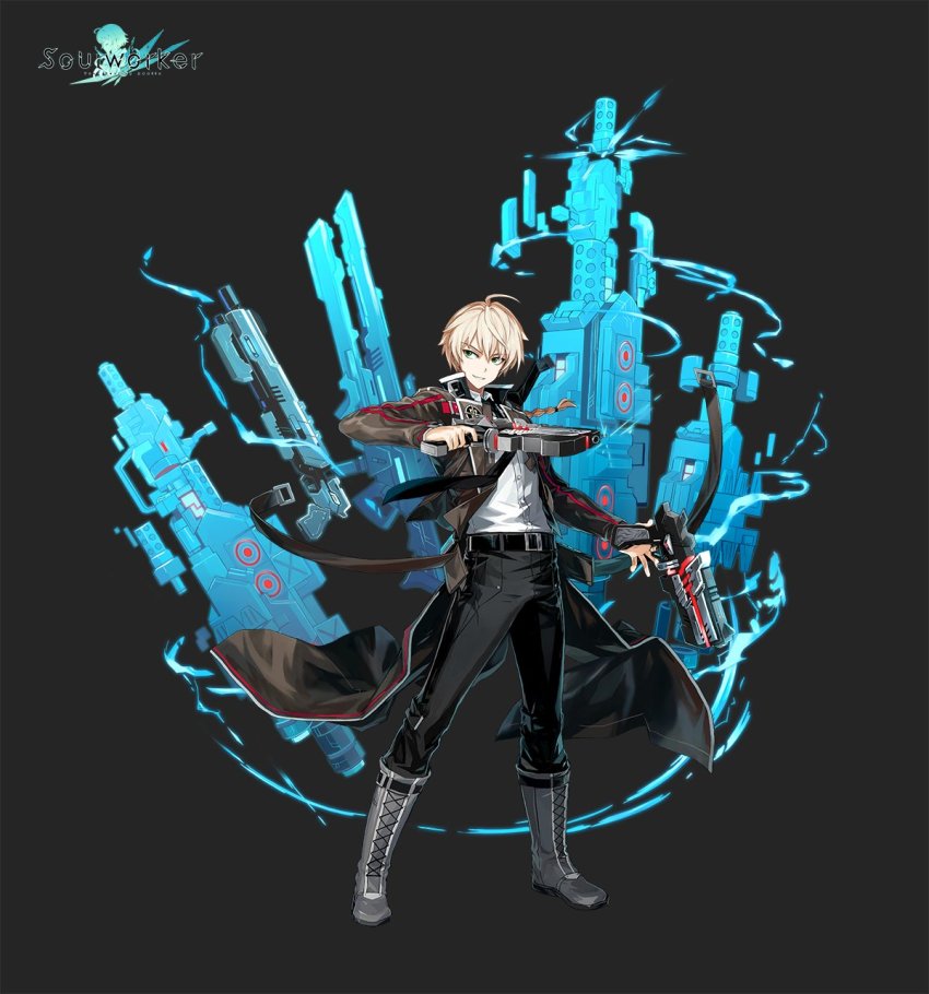 1boy, antenna_hair, black_background, black_pants, blonde_hair, boots, coat, erwin_arclight