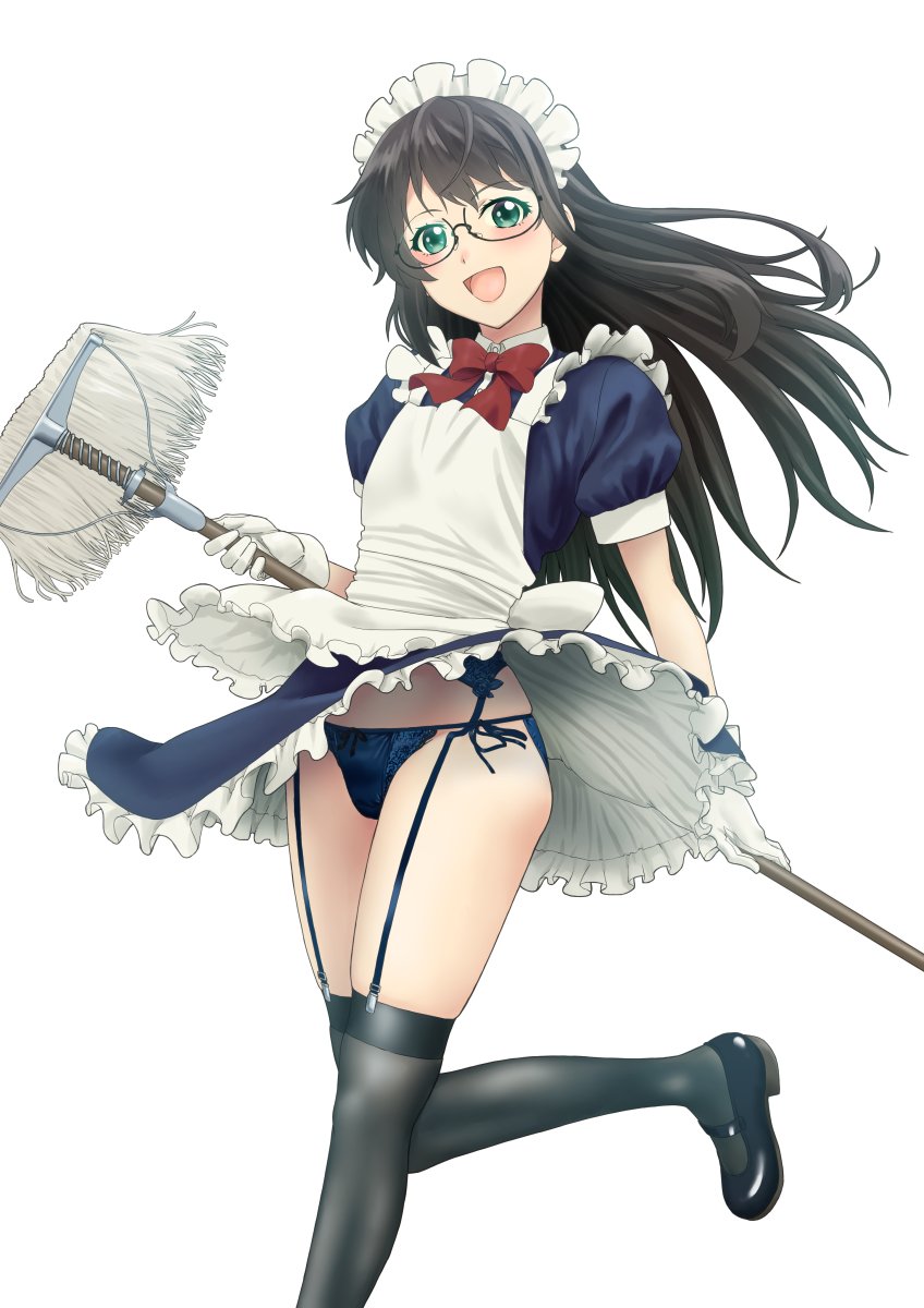 1girl, alternate_costume, apron, black_footwear, black_hair, black_panties, black_thighhighs, blue_dress