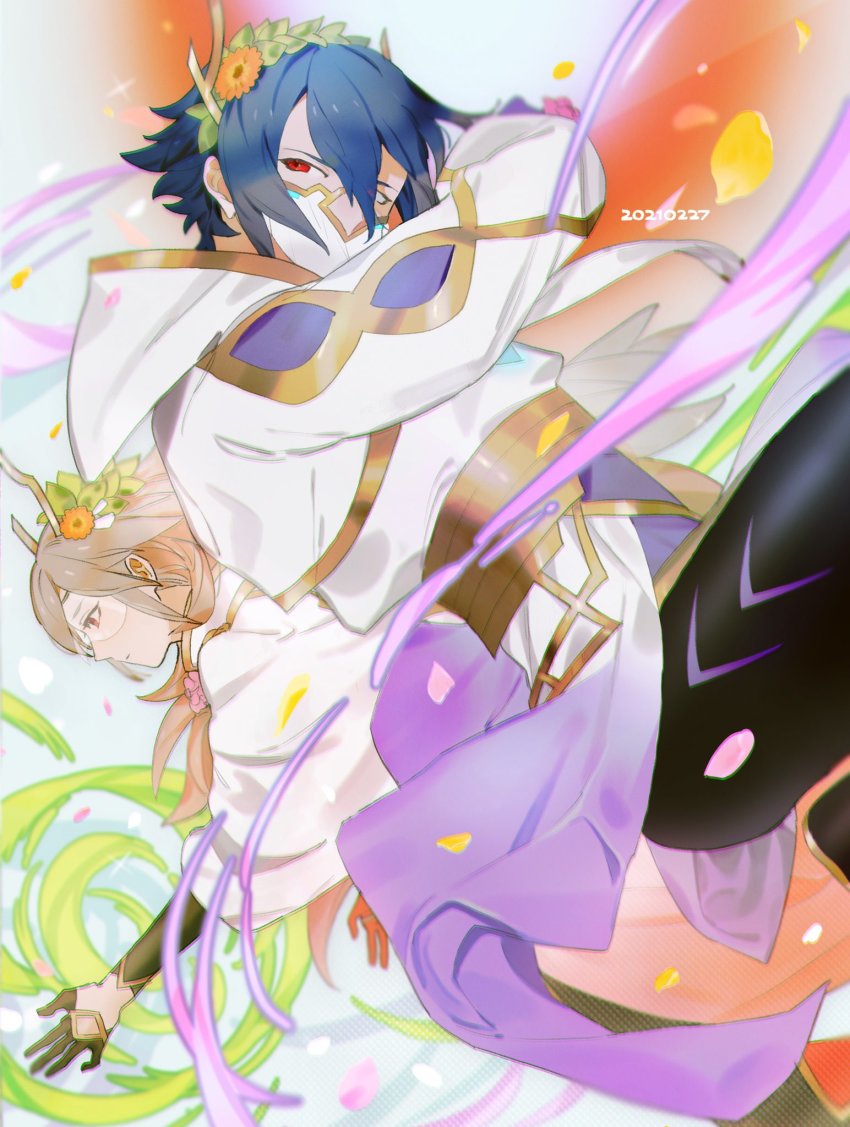 1boy, 1girl, 2021, alternate_costume, blue_hair, closed_mouth, covered_mouth, dated