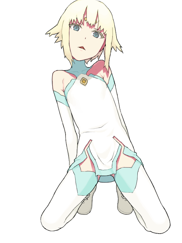 00s, 1girl, bare_shoulders, blonde_hair, blue_eyes, clothing_cutout, crotch_cutout, element_hunters, female_focus, halterneck, head_tilt, hijiri_rei, juno_(element_hunters), kneeling, short_hair, solo, thighhighs, white_background