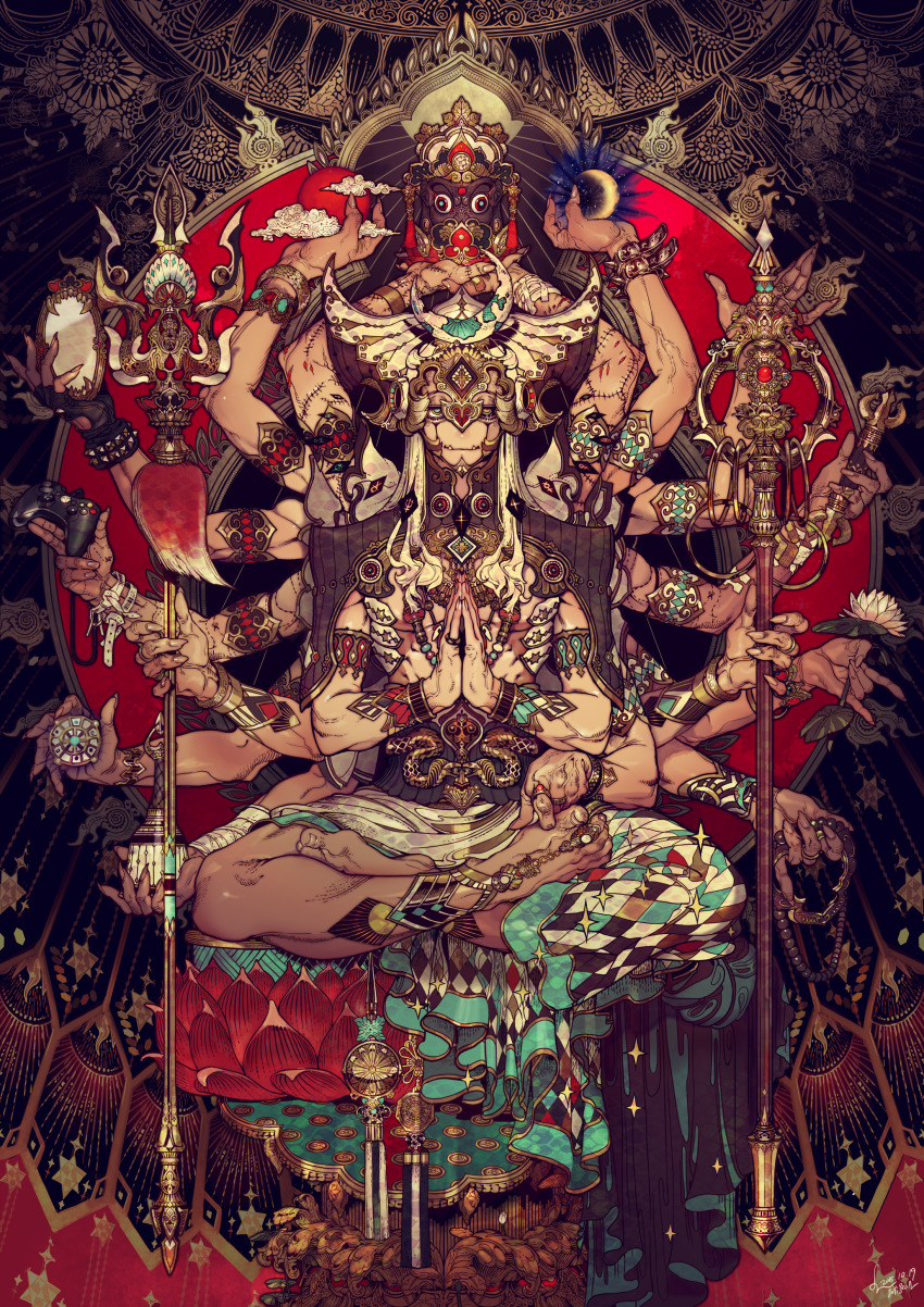 1boy, absurdres, anklet, armlet, bandages, bandaid, bandaid_on_hand, barefoot