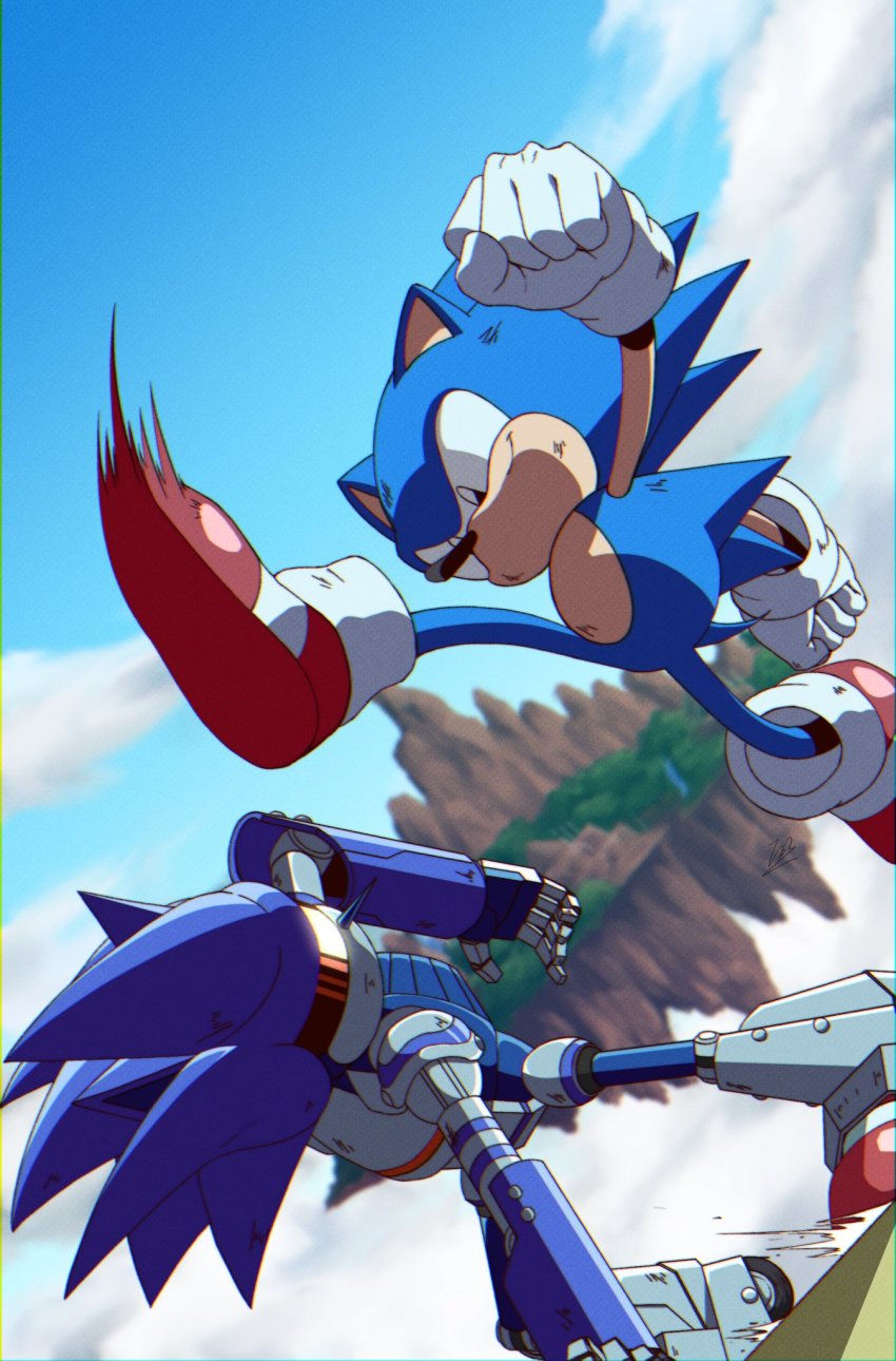 2boys, banel_springer, battle, black_eyes, blue_sky, classic_sonic, cloud, furry