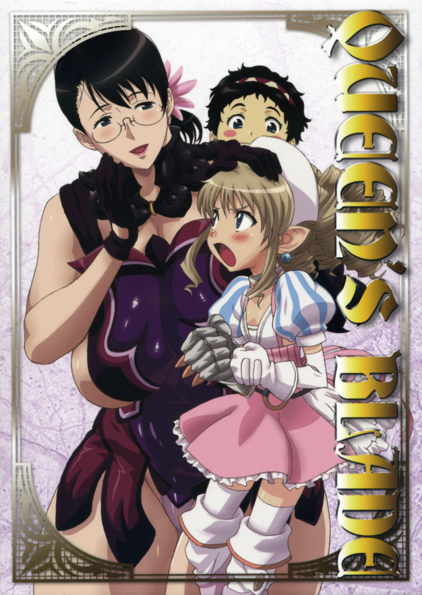 00s, 1boy, 2girls, absurdres, age_difference, angry, armor, black_hair