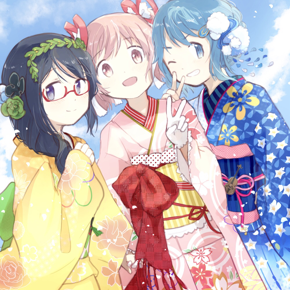 3girls, akemi_homura, akemi_homura_(haregi_costume), black_hair, blue_eyes, blue_hair, blue_kimono, commentary_request