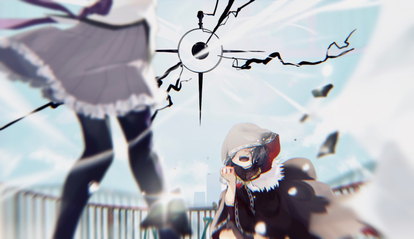 2girls, akemi_homura, akemi_homura_(magical_girl), argyle_clothes, argyle_legwear, black_cloak, cloak, commentary_request