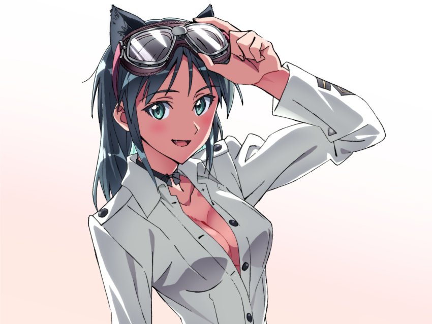 1girl, adjusting_goggles, animal_ears, black_hair, blush, breasts, cat_ears, cleavage, fang, francesca_lucchini, goggles, goggles_on_head, green_eyes, highres, kogarashi51, looking_at_viewer, medium_breasts, no_bra, aged_up, open_clothes, smile, solo, strike_witches, uniform, upper_body, world_witches_series