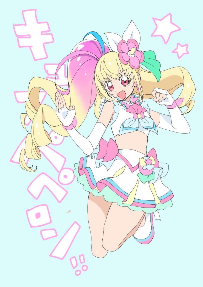 1girl, :d, blonde_hair, blouse, blue_background, blue_hair, blue_neckerchief, bow