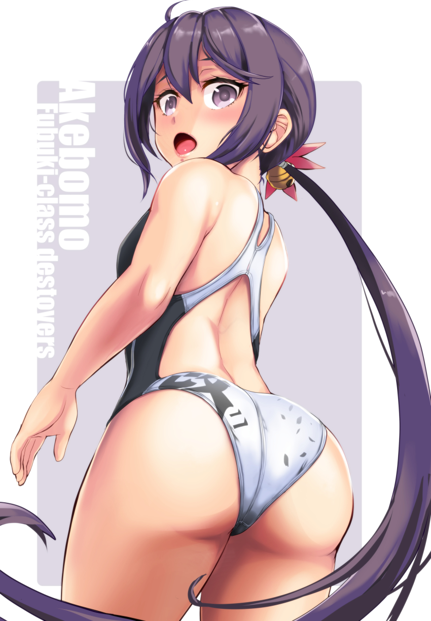 1girl, absurdres, akebono_(kancolle), ass, ass_focus, bell, black_one-piece_swimsuit, character_name