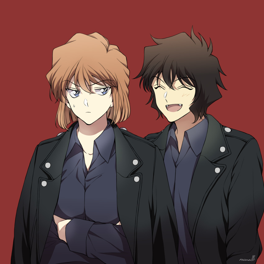 2girls, :d, akai_shuuichi, akai_shuuichi_(cosplay), black_hair, black_jacket, black_shirt, blush, brown_hair, closed_mouth, collarbone, collared_shirt, commentary_request, cosplay, crossed_arms, fangs, frown, hair_between_eyes, happy, highres, jacket, looking_to_the_side, matching_outfits, meitantei_conan, miyano_shiho, multiple_girls, open_clothes, open_jacket, open_mouth, red_background, sera_masumi, shirt, short_hair, signature, simple_background, smile, sweatdrop, upper_body