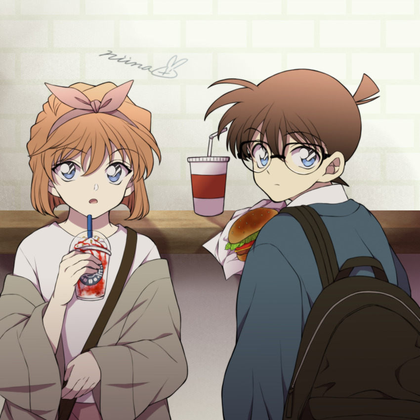 1boy, 1girl, backpack, bag, black-framed_eyewear, blue_eyes, blue_jacket, bow_hairband
