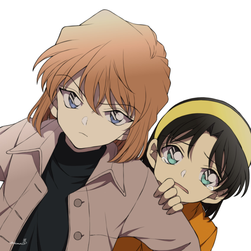 2girls, black_hair, black_shirt, blue_eyes, brown_coat, child, closed_mouth, coat