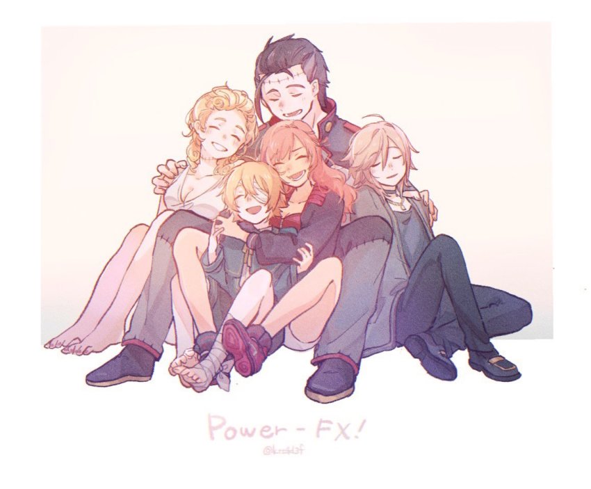 2girls, 3boys, ahoge, arms_around_neck, bandage_over_one_eye, bandaged_leg, bandages, big_al