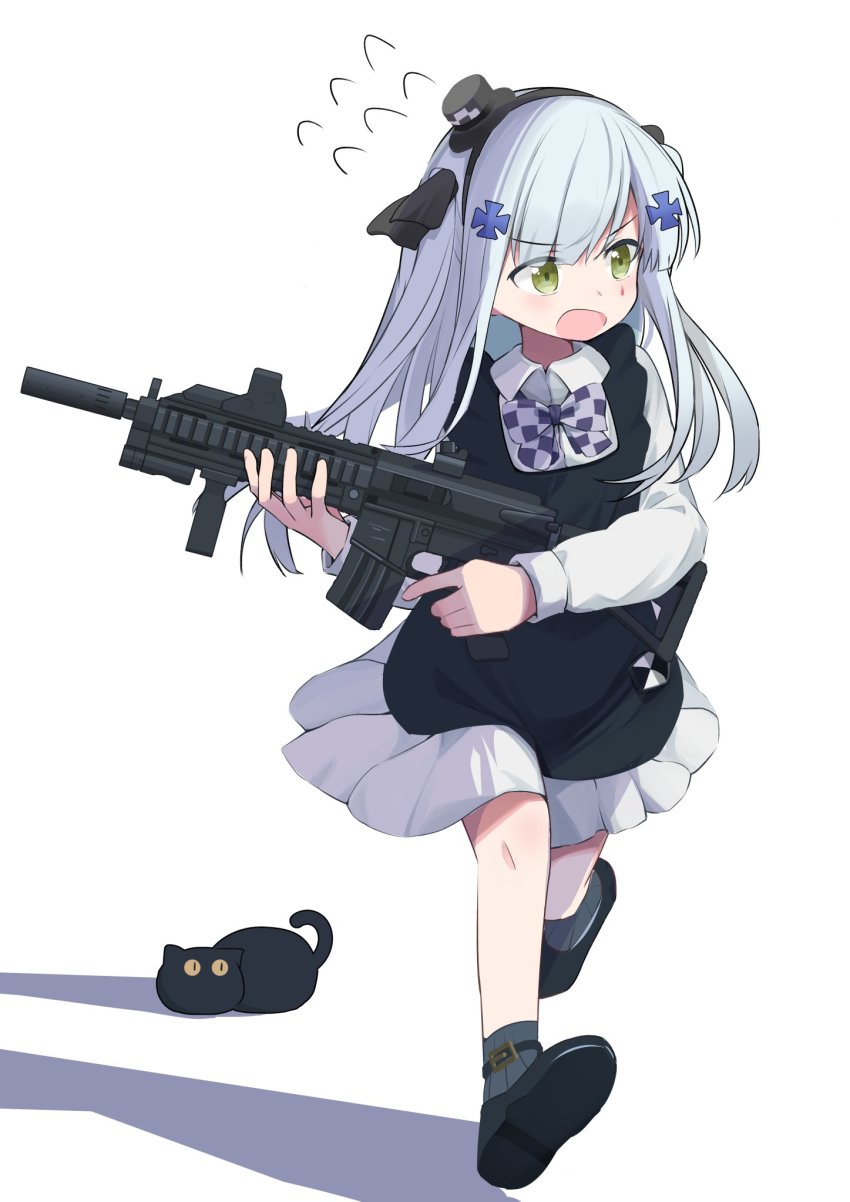 1girl, aged_down, assault_rifle, blue_hair, bow, bowtie, cat, checkered_clothes