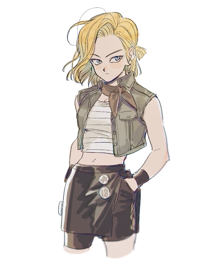 1girl, alternate_costume, android_18, arm_at_side, bare_arms, bike_shorts, black_skirt, blonde_hair